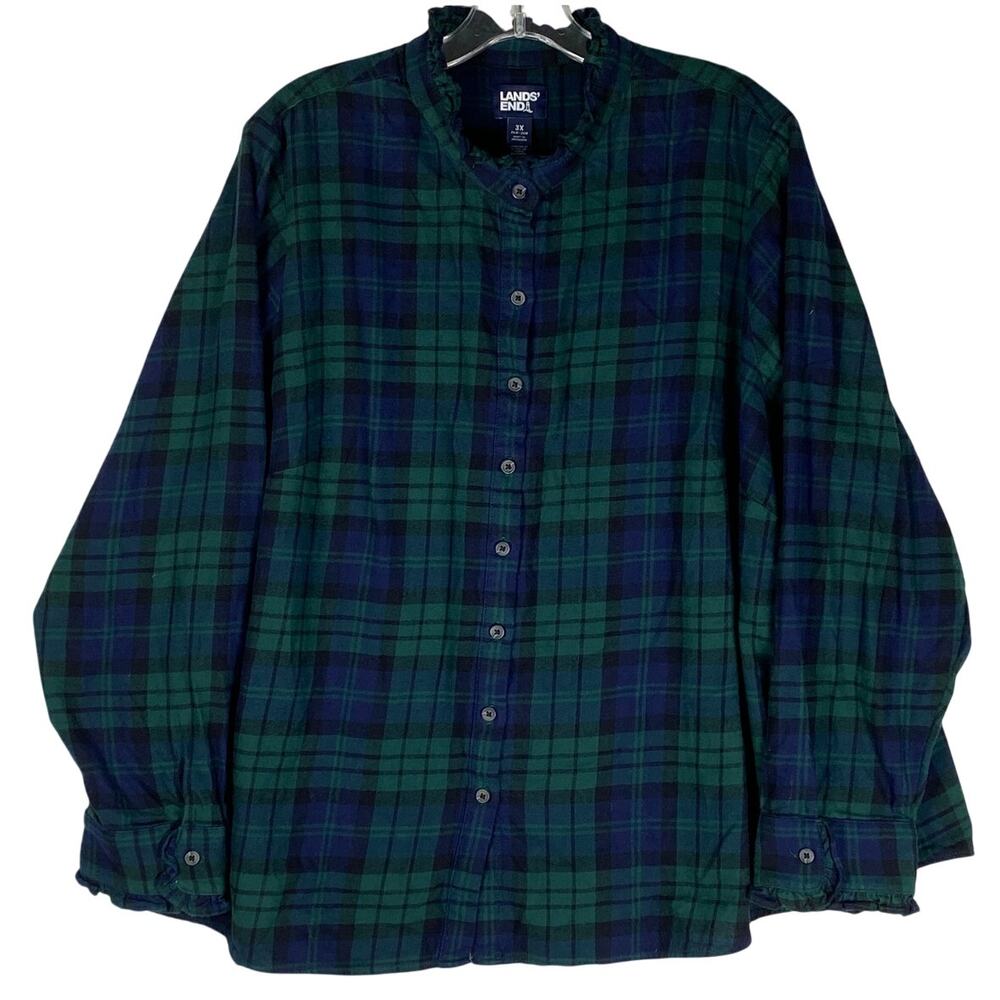 Lands End Blackwatch Green Plaid Ruffle Collar Flannel Button Blouse Womens 3X